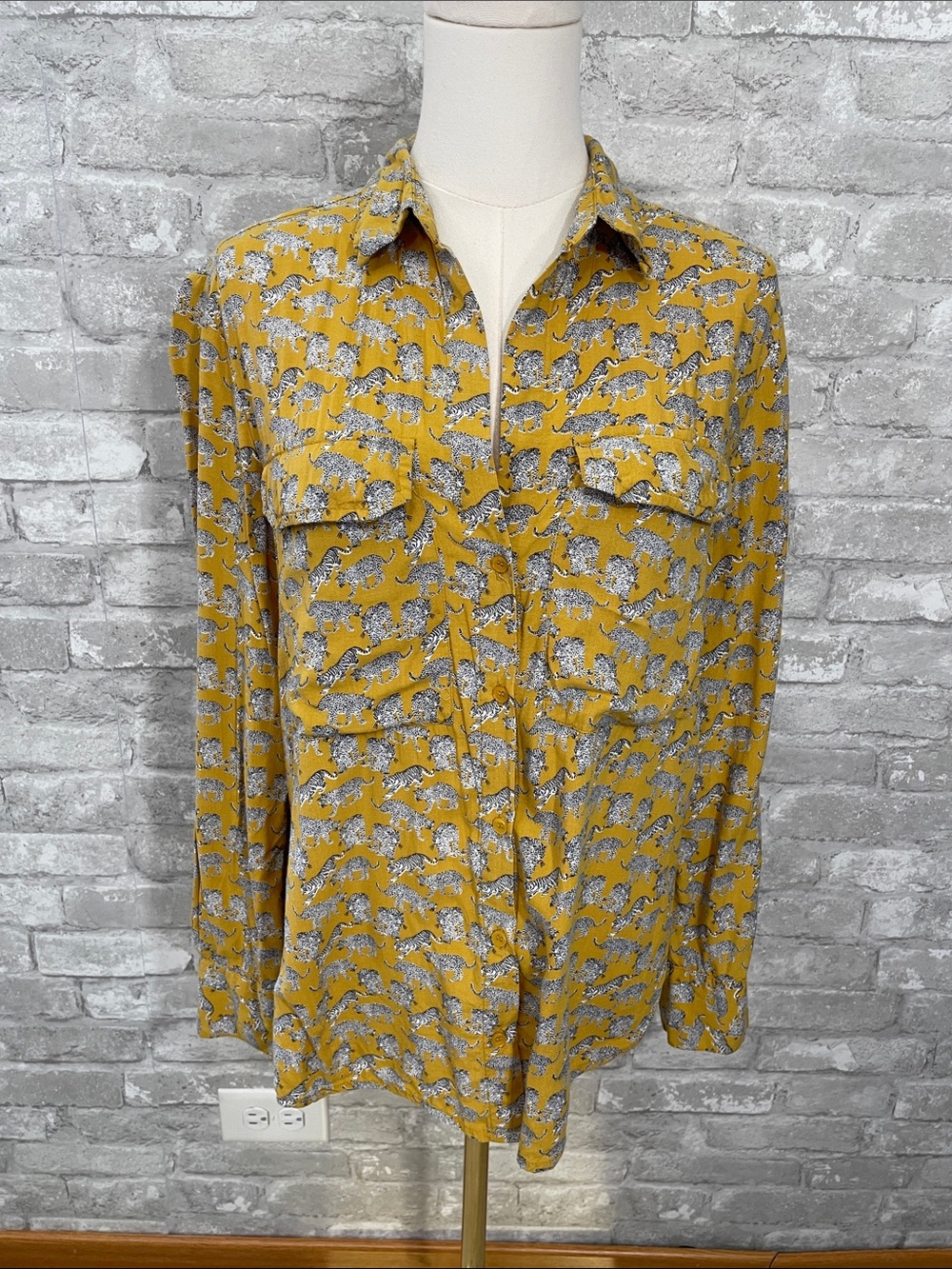 WE Fashion Mustard Yellow Button-Down Shirt with Animal Print